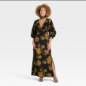 A New Day Black/Brown Floral Tie Neck Maxi Dress